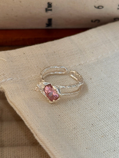 S925 Silver Pink Zircon Heart Textured Ring