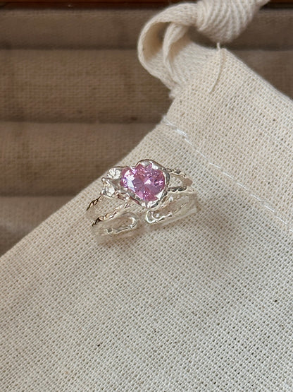 S925 Silver Pink Zircon Heart Textured Ring