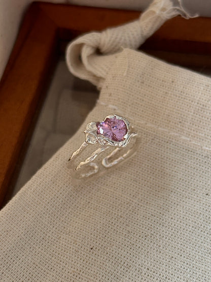 S925 Silver Pink Zircon Heart Textured Ring