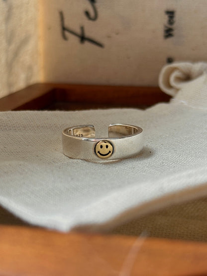 S925 Silver Minimalist Smile Face Adjustable Ring